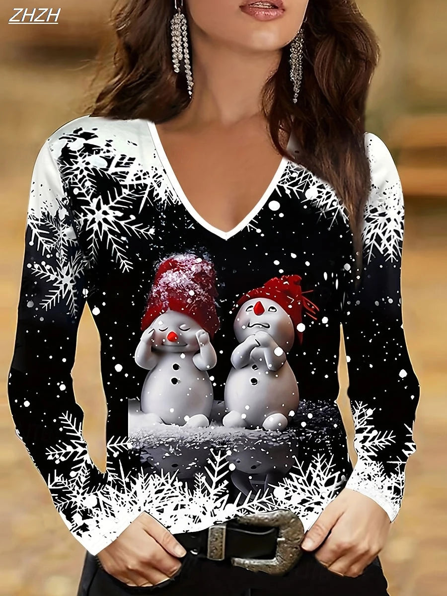 Christmas Women's T Shirt Graphic Snowman Christmas Tree Fashion Stylish Long Sleeve V Neck Regular Tops Daily Print Fall Winter