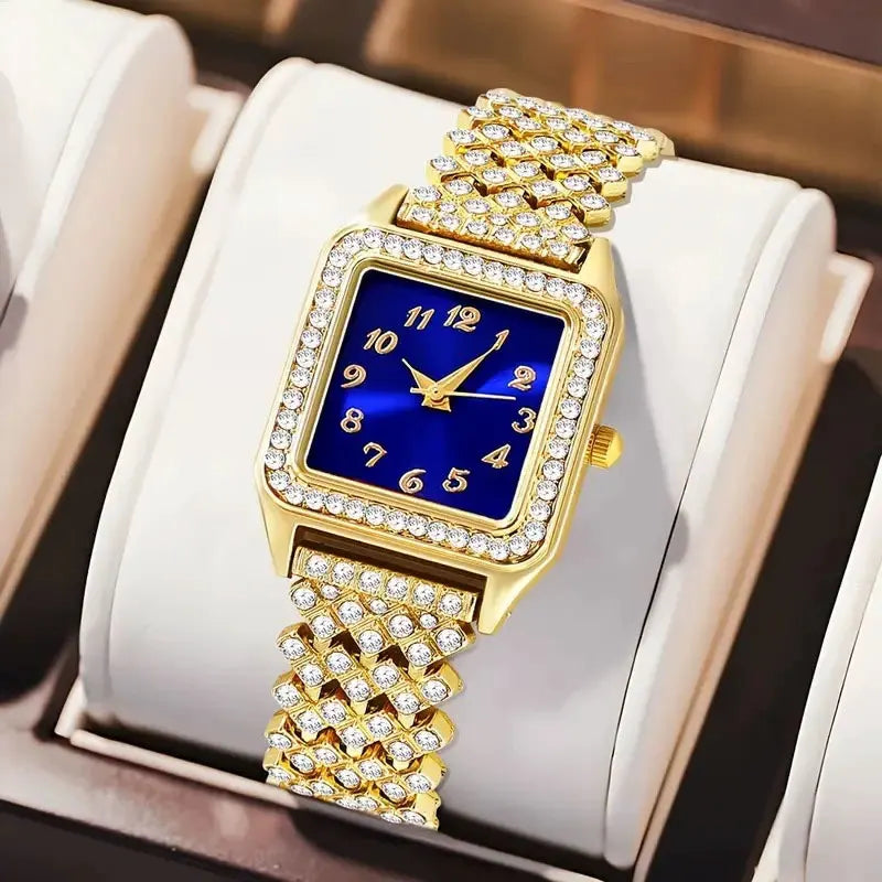 5Pcs/Fashion Roman Full Diamond Square Ladies Watch Women's Quartz Watch + Necklace, Earrings, Rings Jewelry Set