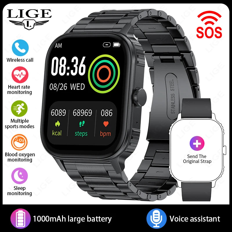 LIGE New 2.04" HD Display Health Monitor Smart Watch 2025 1000mAh Large Battery Bluetooth Call IP68 Waterproof Sports Smartwatch