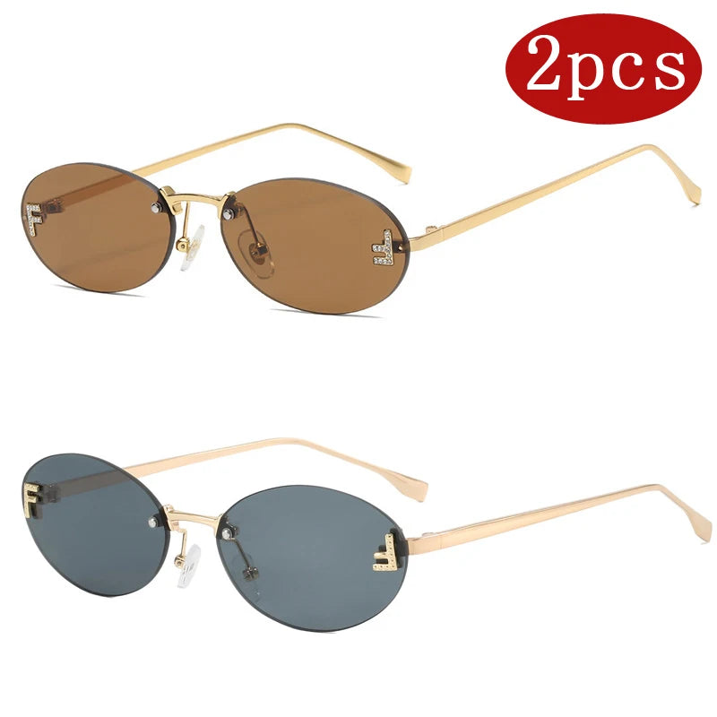 2pcs Trendy Square Sunglasses Women Luxury Brand Pilot Clear Sun Glasses Female Oversized Half Frame Shades Eyewear Rimless