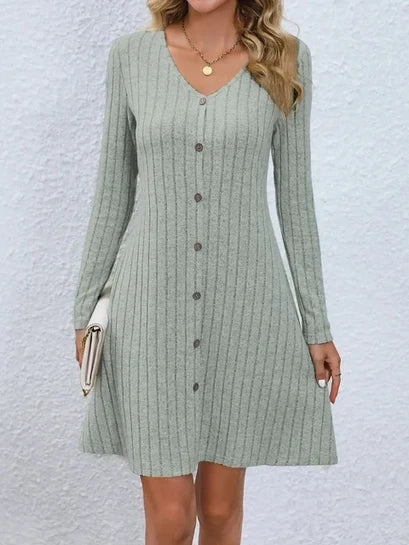 Women's V-Neck Button Dress Monochromatic A-line Casual Comfortable Spring Autumn Trend