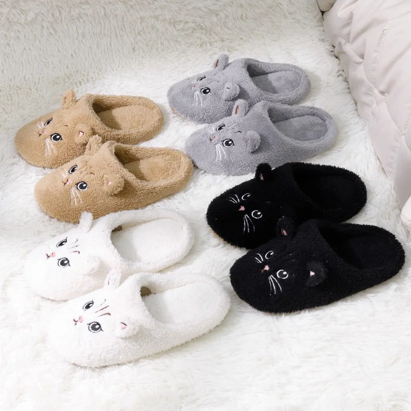 Winter Cute Cat Plush Slippers Women Indoor Comfortable Quiet Soft Sole Floor Slides Couples Winter Warm Fuzzy House Sandals