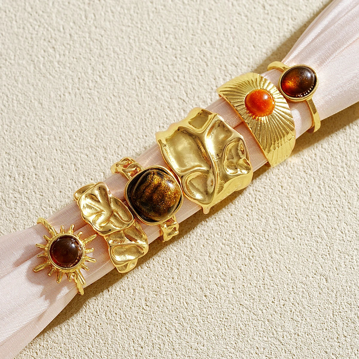 6Pcs/Set Vintage Sun Flower Tiger Eye Stone Rings for Women Irregular Gold Color Aesthetic Open Rings Fashion Jewelry Gifts 2025