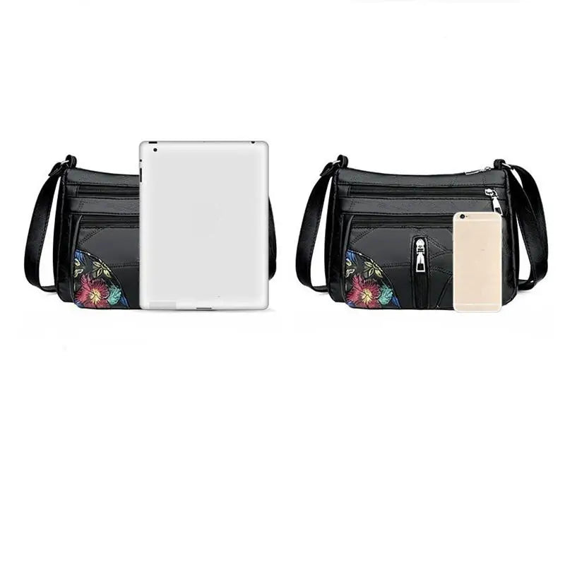 Black Shoulder Crossbody Bags Large Capacity Simple Middle-aged Women's Bag Casual Soft Flower Embroidery Bags
