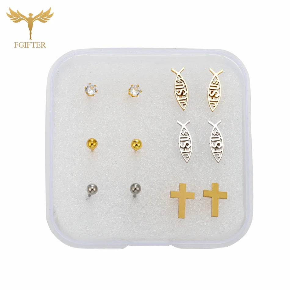 Christian Jesus Cross Earrings Zircon Balls Stainless Steel Stud Earings Set Women Men Jewelry Small Christmas Gifts With Box