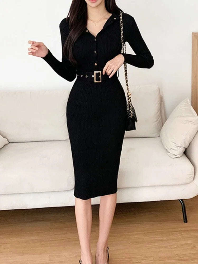 New Spring Autumn Knit Elegant Sexy Single Breasted Stand Collar Long Sleeve Bodycon Dress Solid Color Stretch Tight Slim Dresss