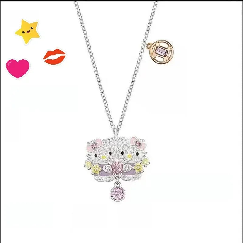Sanrio Hello Kitty Necklace Anime Character Pink Peach Heart Crystal Cat Push-Pull Bracelet Pendant Couple Decoration Girl Gift