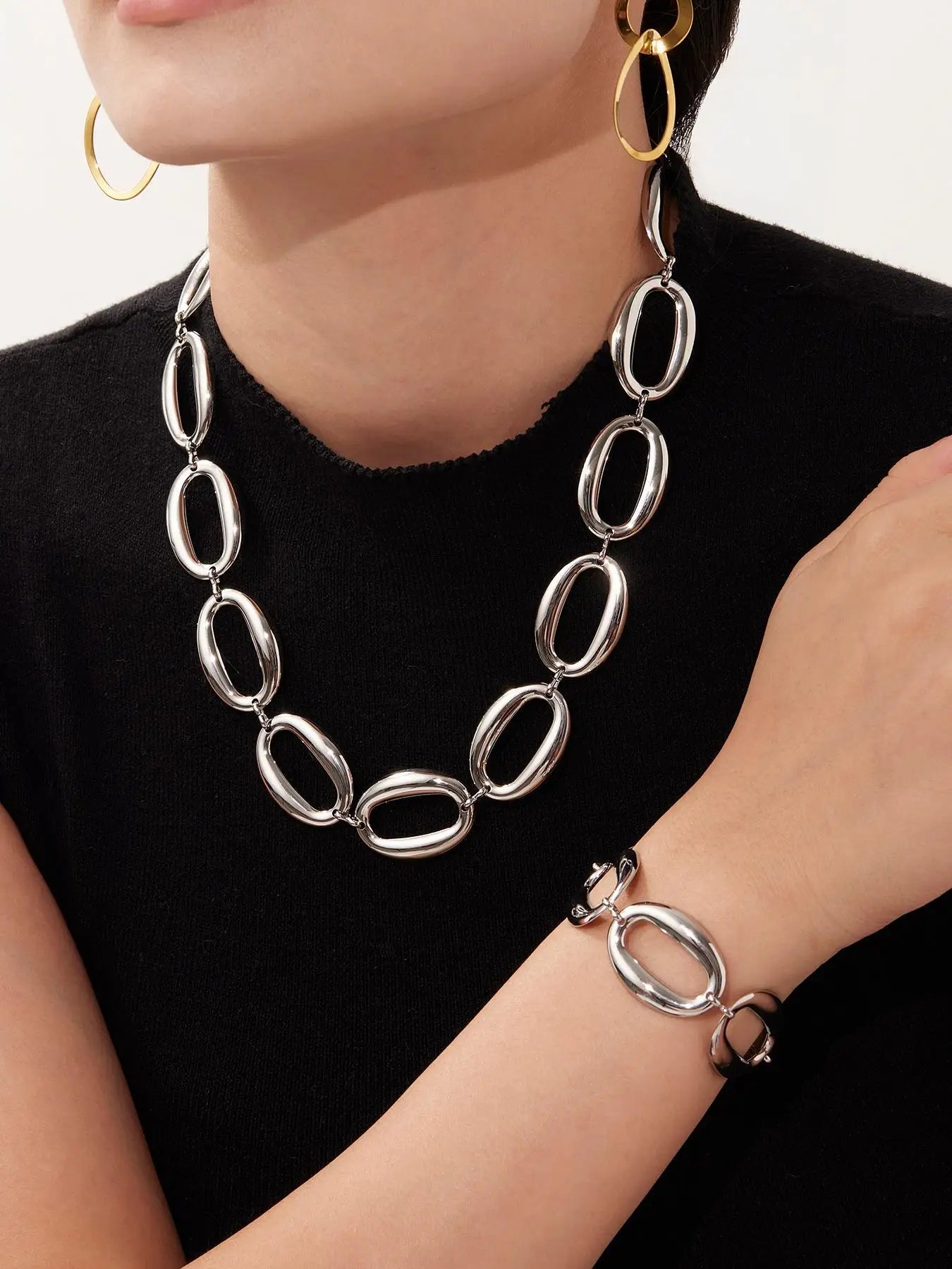 Stainless Steel Gold-Plated Oval Chain Necklace Bracelet Women's Punk Gold Color Silver Luxury Choker Waterproof Jewelry Set