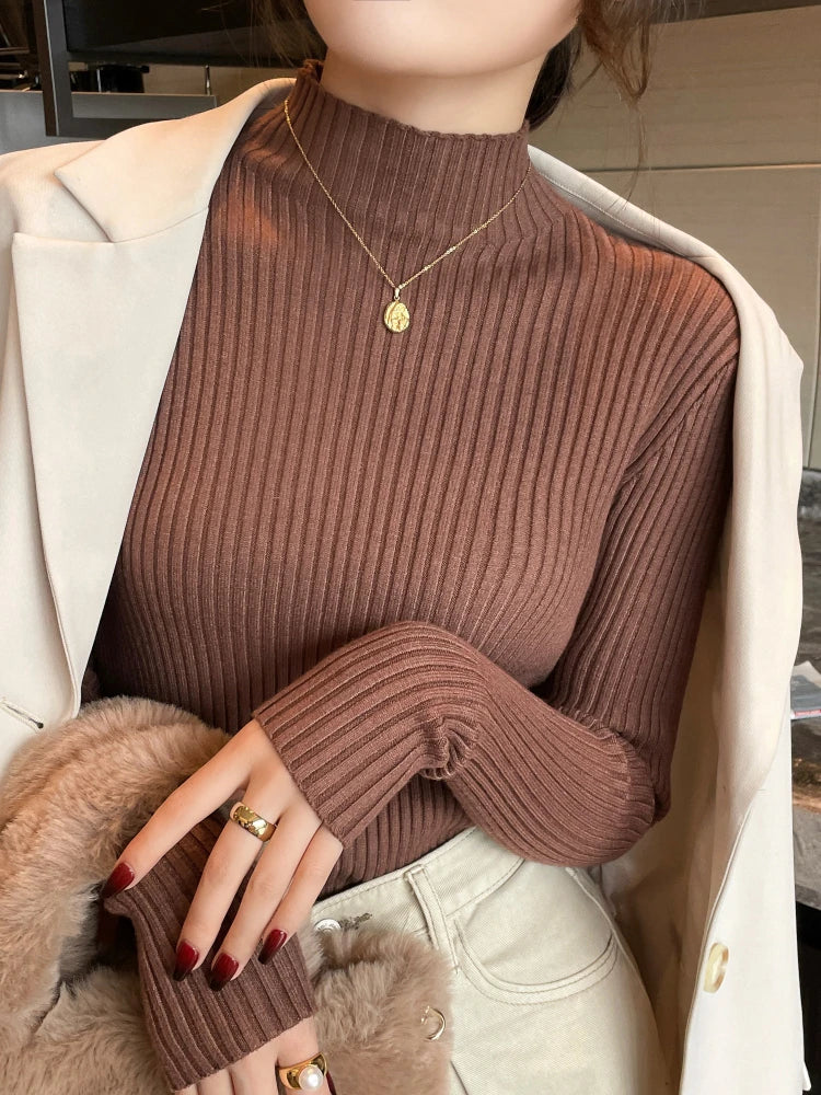 Solid Color Slim Tops Chic Autumn Winter 2025 Pullovers Women Long Sleeve Casual Turtleneck Warm Basic Sweater Knit Jumpers