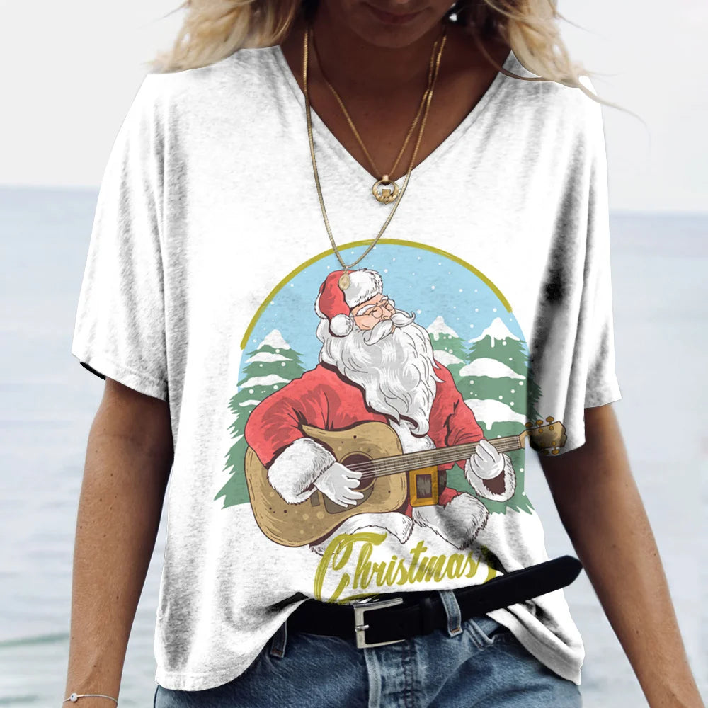 Merry Christmas Women's Short sleeved V-neck T-shirt Christmas Tree Santa Claus Letter Print Simple Trendy Trend Women Clothing
