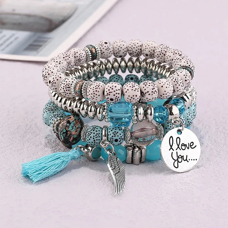 4Pcs Bohemian Beaded Bracelet Set For Women I Love You Letter Round Wing Tassel Charm Elastic Chain Bangle Girls Boho Jewelry