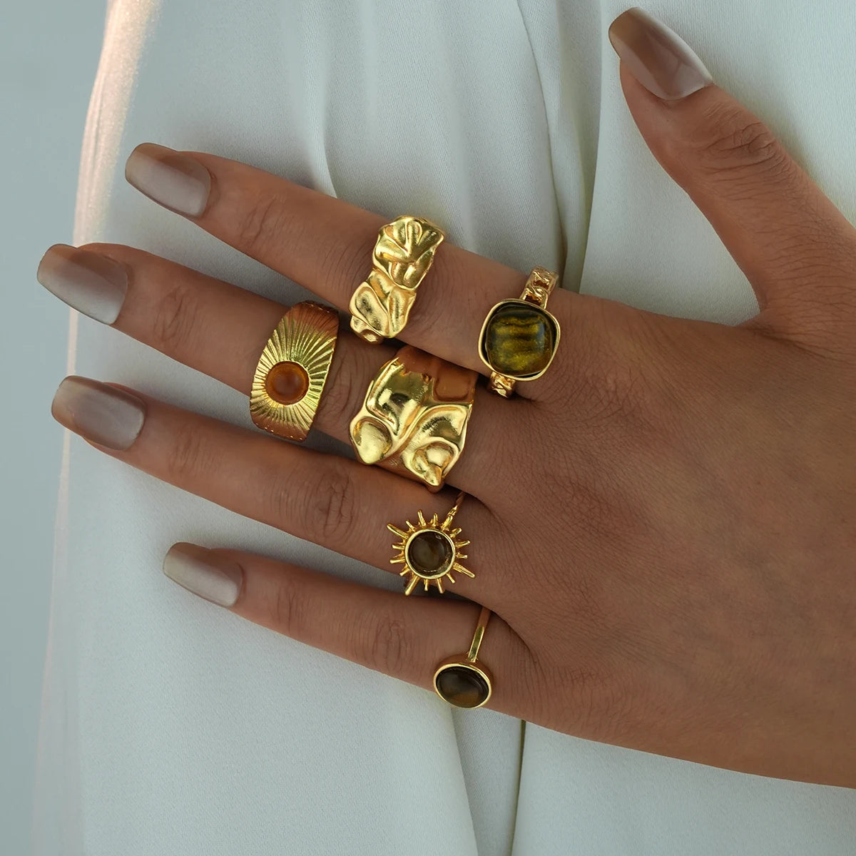 6Pcs/Set Vintage Sun Flower Tiger Eye Stone Rings for Women Irregular Gold Color Aesthetic Open Rings Fashion Jewelry Gifts 2025