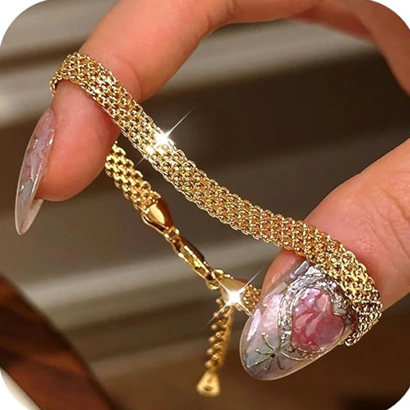 Stainless Steel 18K Gold Plated Exquisite Weaving Mesh Bracelets for Women Chunky Trendy Link Chain Adjustable Bracelet Jewelry