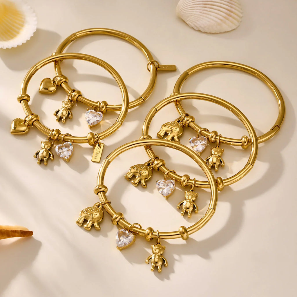 Nivora Stainless Steel Little Bear Heart Zircon Elephant Drop Pendant Bangles For Women Wrist Wedding Fashion Bracelets Jewelry