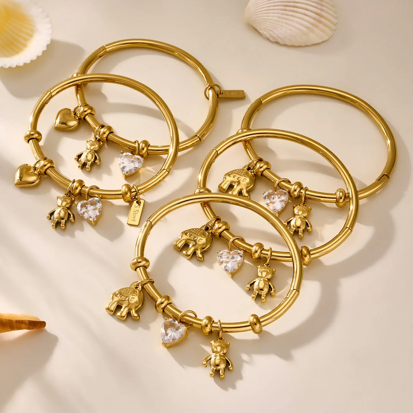 Nivora Stainless Steel Little Bear Heart Zircon Elephant Drop Pendant Bangles For Women Wrist Wedding Fashion Bracelets Jewelry