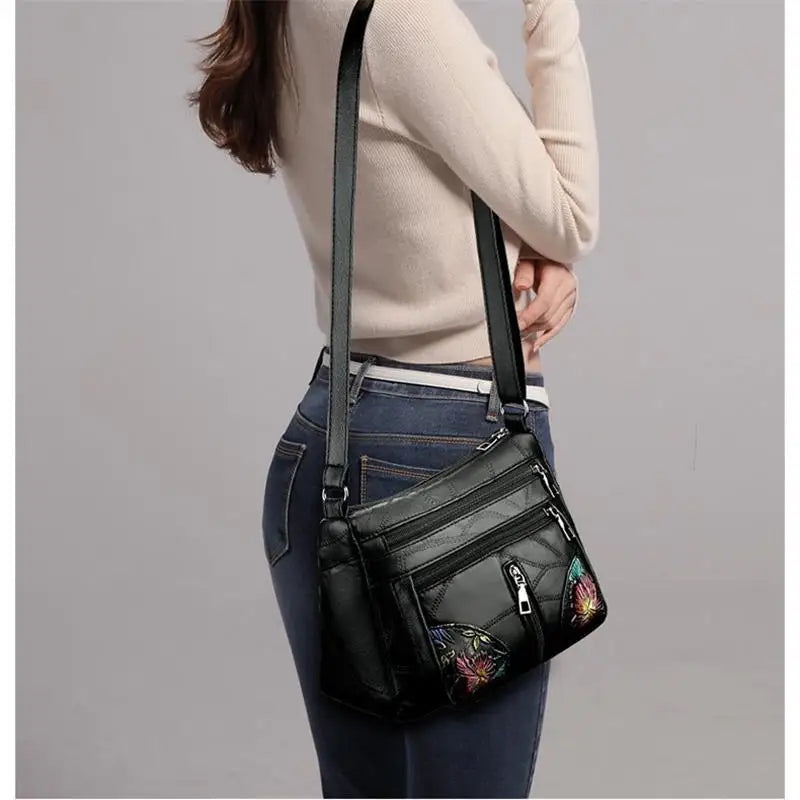 Black Shoulder Crossbody Bags Large Capacity Simple Middle-aged Women's Bag Casual Soft Flower Embroidery Bags