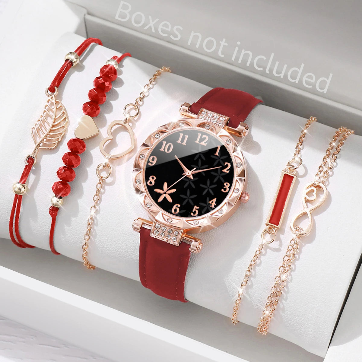 6PCS/Set Women's Watch Fashion Roma Heart Dial Leather Band Quartz Watches Leaf Bracelets Set(Without Box)