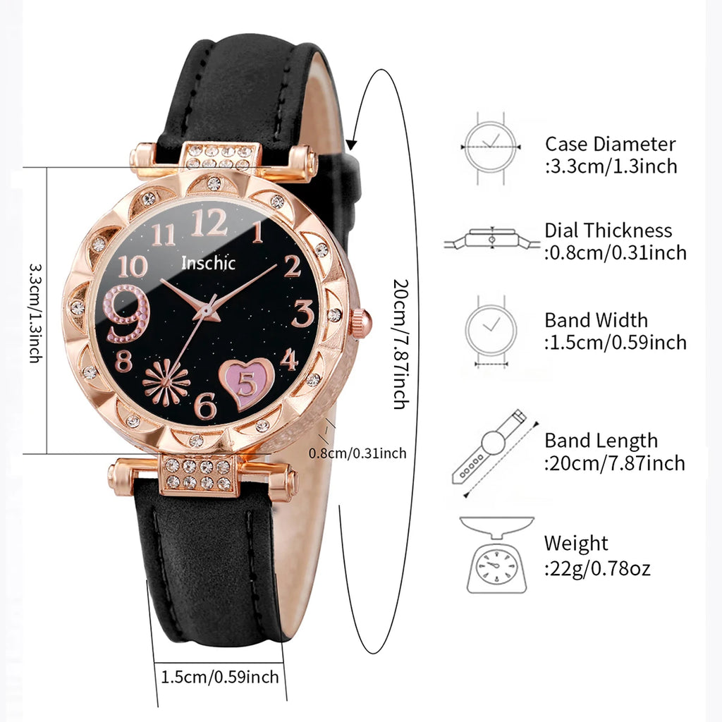 6PCS Women's Watch Fashion Heart Dial Leather Band Quartz Watches Rhinestone Jewelry Set（Without Box）