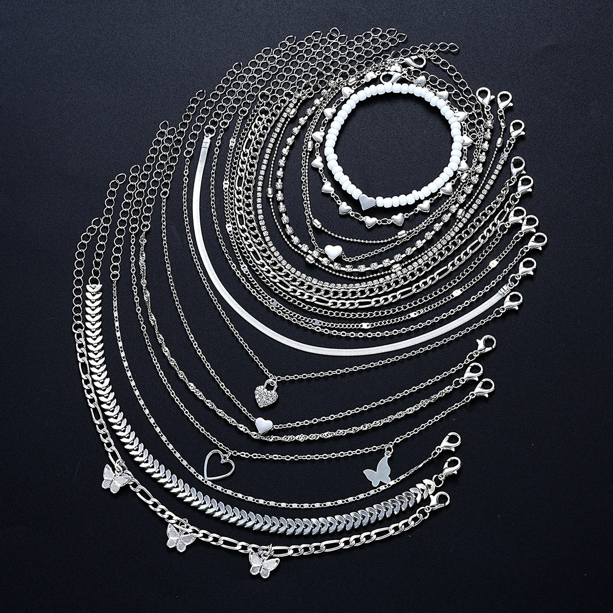 19Pcs/Set New Design Silver Color Anklet Sets for Women Fashion Pearl Butterfly Heart Crystal Foot Chain Versatile Daily Jewelry
