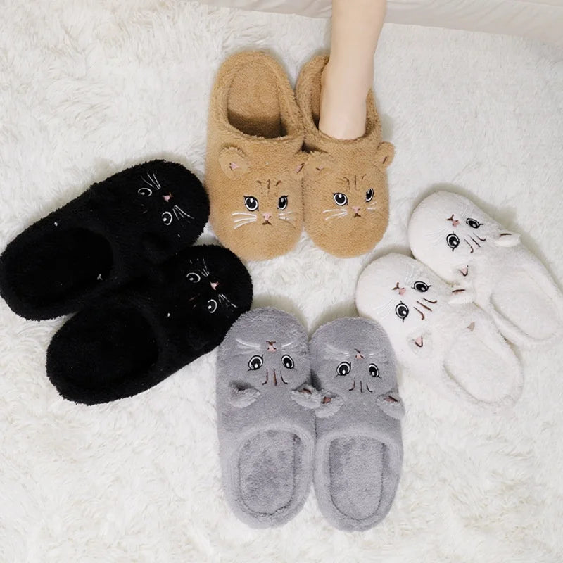 Winter Cute Cat Plush Slippers Women Indoor Comfortable Quiet Soft Sole Floor Slides Couples Winter Warm Fuzzy House Sandals