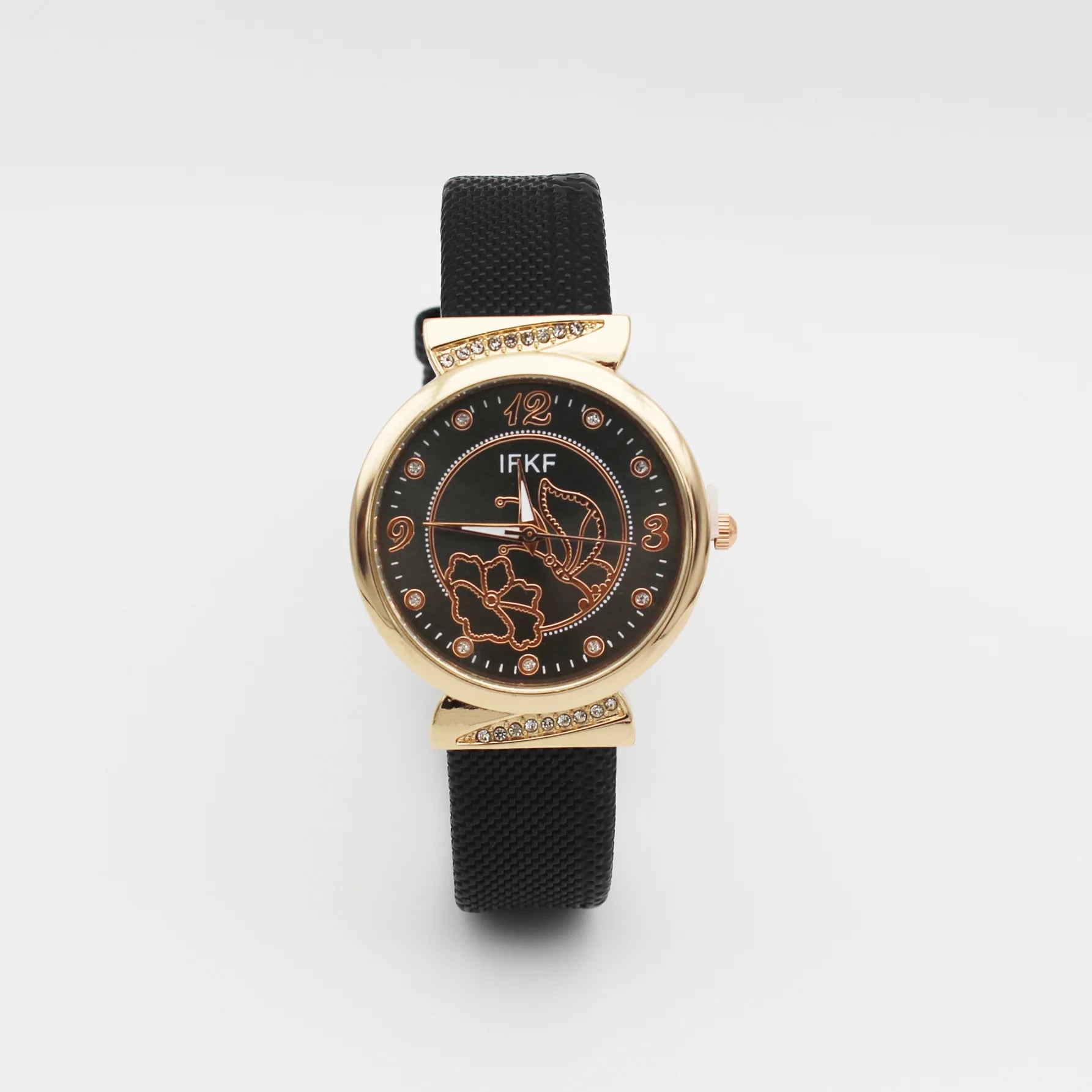 Elegant Rhinestone Butterfly Watch for Women Flower Quartz Crystal Dress Watch with Plaid Leather Strap Fashion Ladies Wristwatc