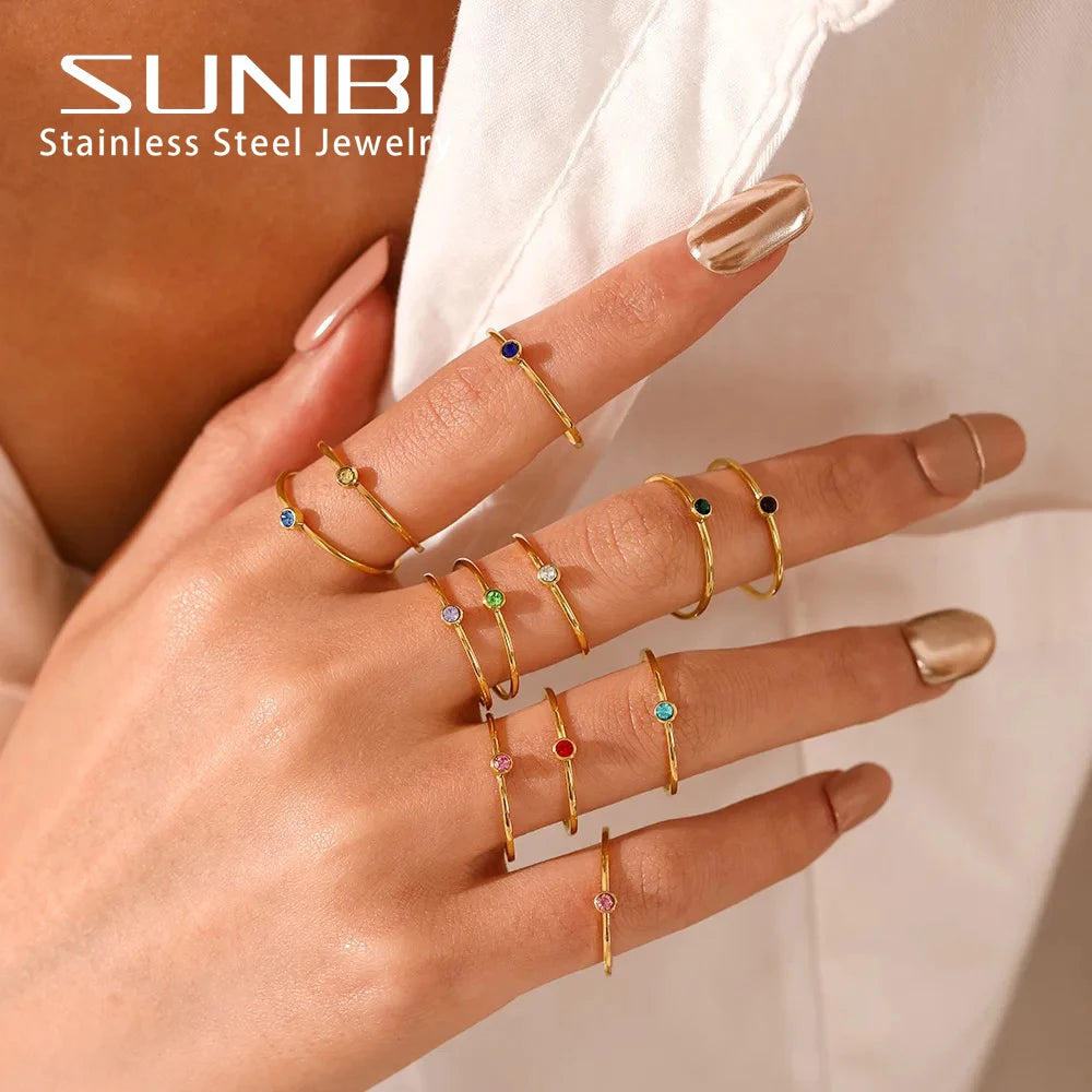 SUNIBI Stainless Steel Birthstone Ring for Woman Gold Color Simple Style Ring Festival Party Fashion Jewelry Dropshipping