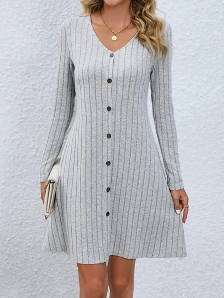 Women's V-Neck Button Dress Monochromatic A-line Casual Comfortable Spring Autumn Trend