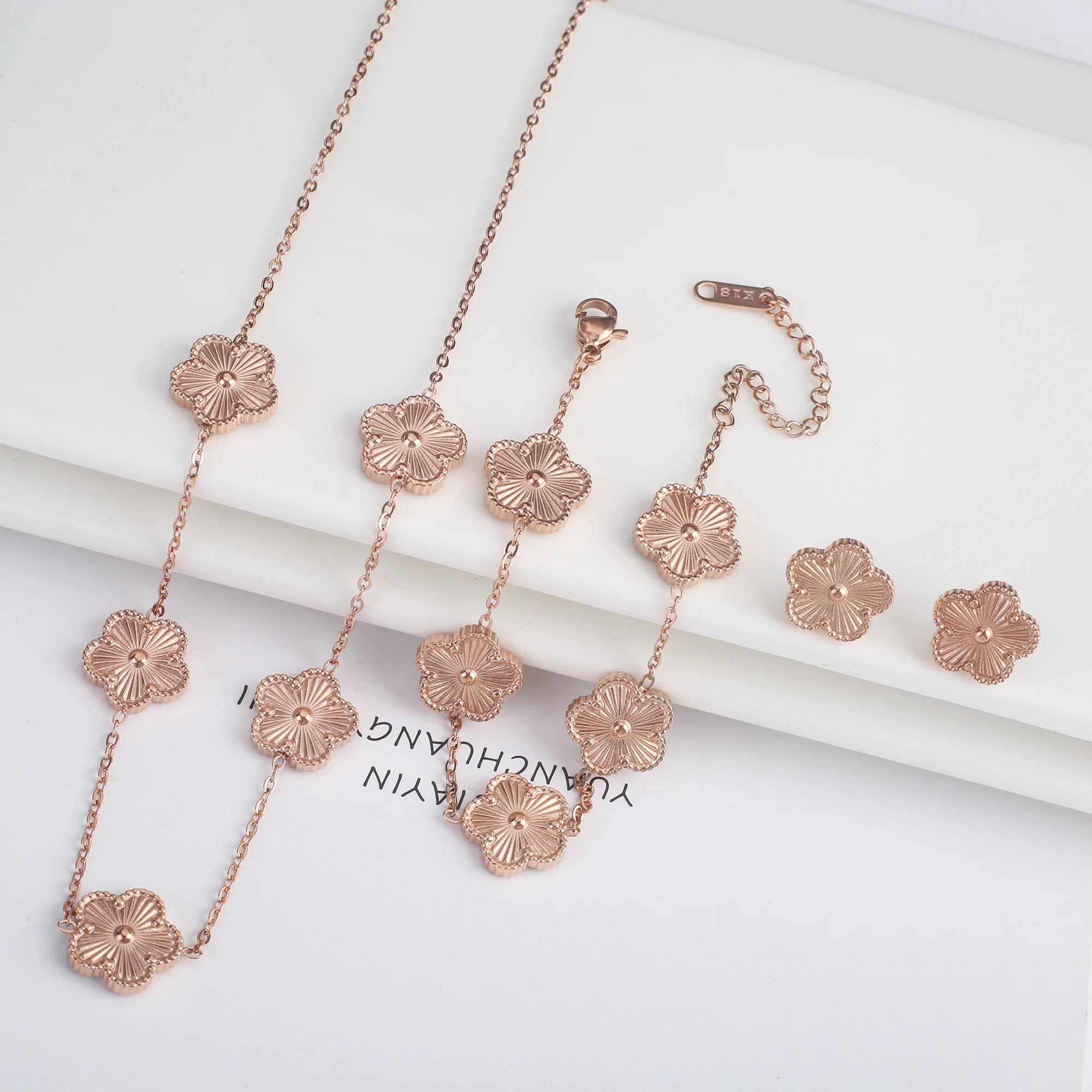 INS Hot Sale Stainless Steel Five Laef Flower Clover Bracelet Jewelry Set Necklace Earrings For Woman Daily Wear Brand Jewelry