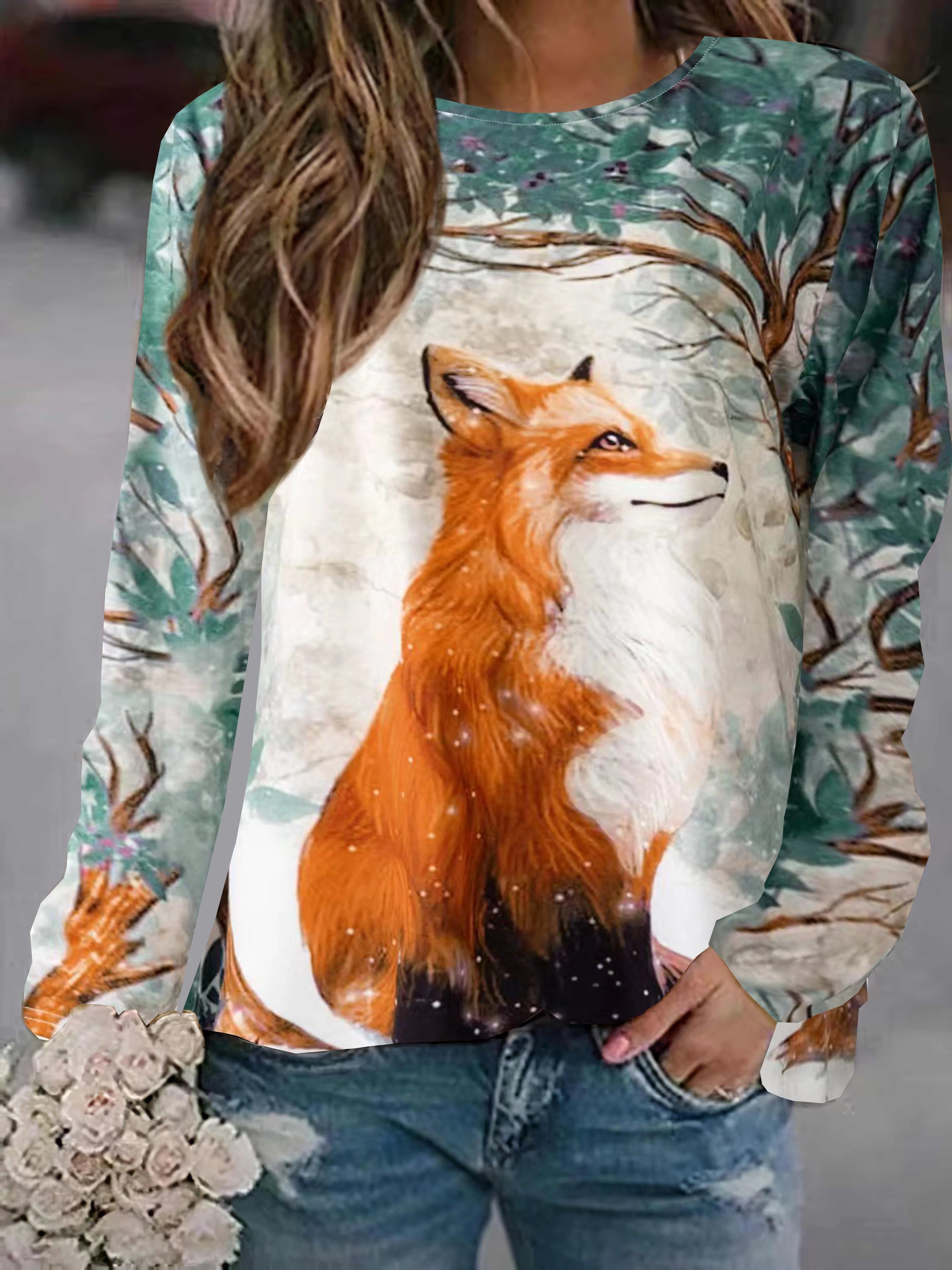 Women's 2024 sleeves stitching fox print round neck long sleeve party autumn casual pullover 3d printing casual fashion tops