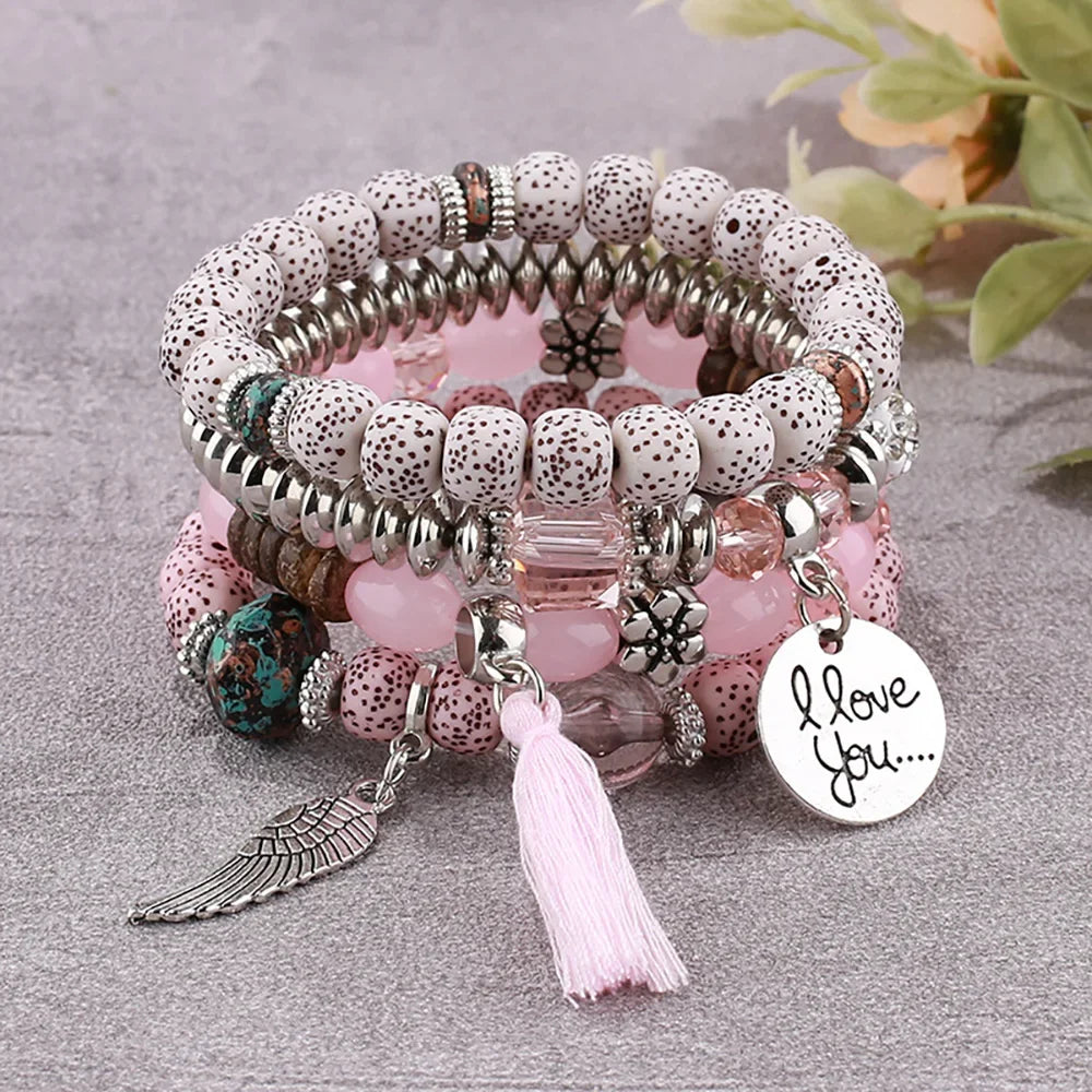 4Pcs Bohemian Beaded Bracelet Set For Women I Love You Letter Round Wing Tassel Charm Elastic Chain Bangle Girls Boho Jewelry
