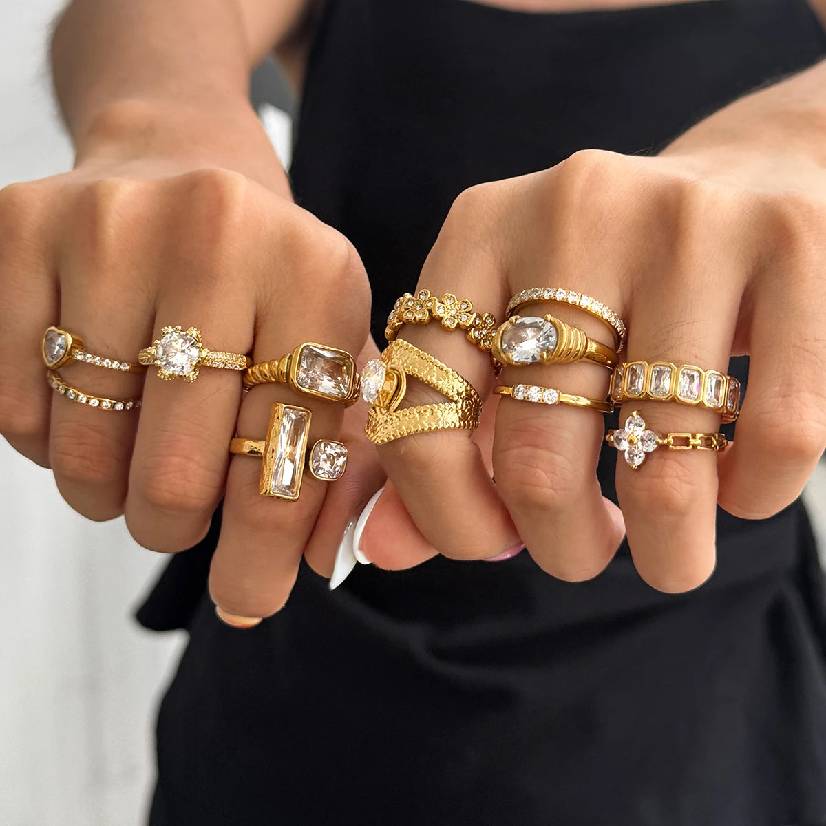 Uworld Minimalist 18K Gold Color Plated Stainless Steel Geometric Zircon Flower Ring Stackable Texture Ring Women's Jewelry