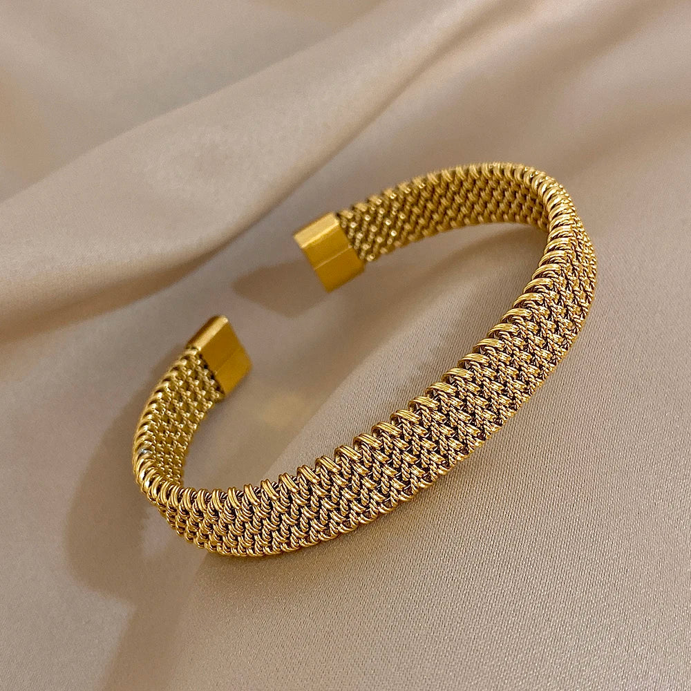 Vintage Golden Stainless Steel Weave Bracelet for Women Men Trendy 5 7 10 14mm Size Chunky Bangle Bracelets Waterproof Jewelry