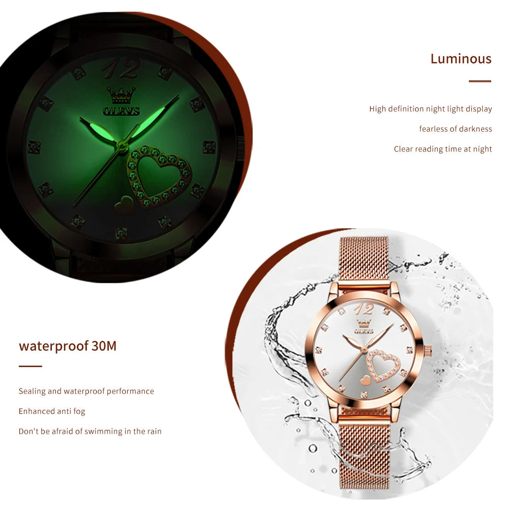 OLEVS 5189 Women's Watch Quartz Wristwatch Casual Fashion Watch for Ladies Waterproof Luminous Mesh Belt Love Dial Zircon Scale