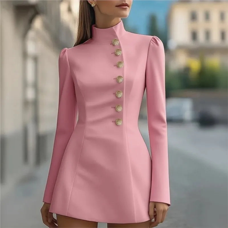 Temperament stand collar single breasted waist cinched long sleeved dress Spring Autumn womens fashionable commuting short skirt