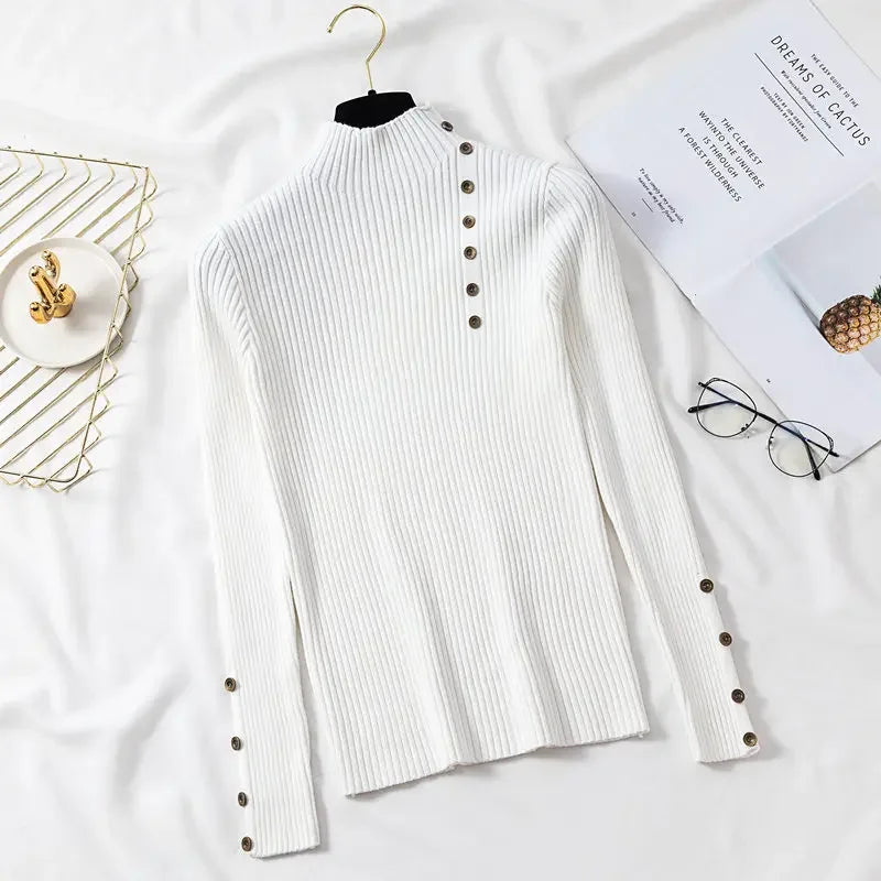 2025 Women Autumn Knitted Slim Sweaters Female Solid Knitted Cotton Soft Elastic Pullovers Button Full Sleeve Turtleneck
