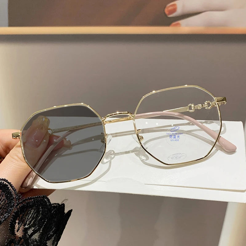 New Anti-blue Photochromic Myopia Finished Glasses Polygon Anti-ultraviolet Near-sight Eyeglasses Ultralight Vintage Glasses
