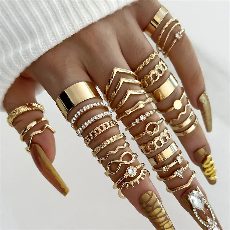 12 Pcs/Set Fashion Gold Color Irregular Geometric Open Rings For Women Men Punk Metal Adjustable Knuckle Joint Ring Jewelry Gift