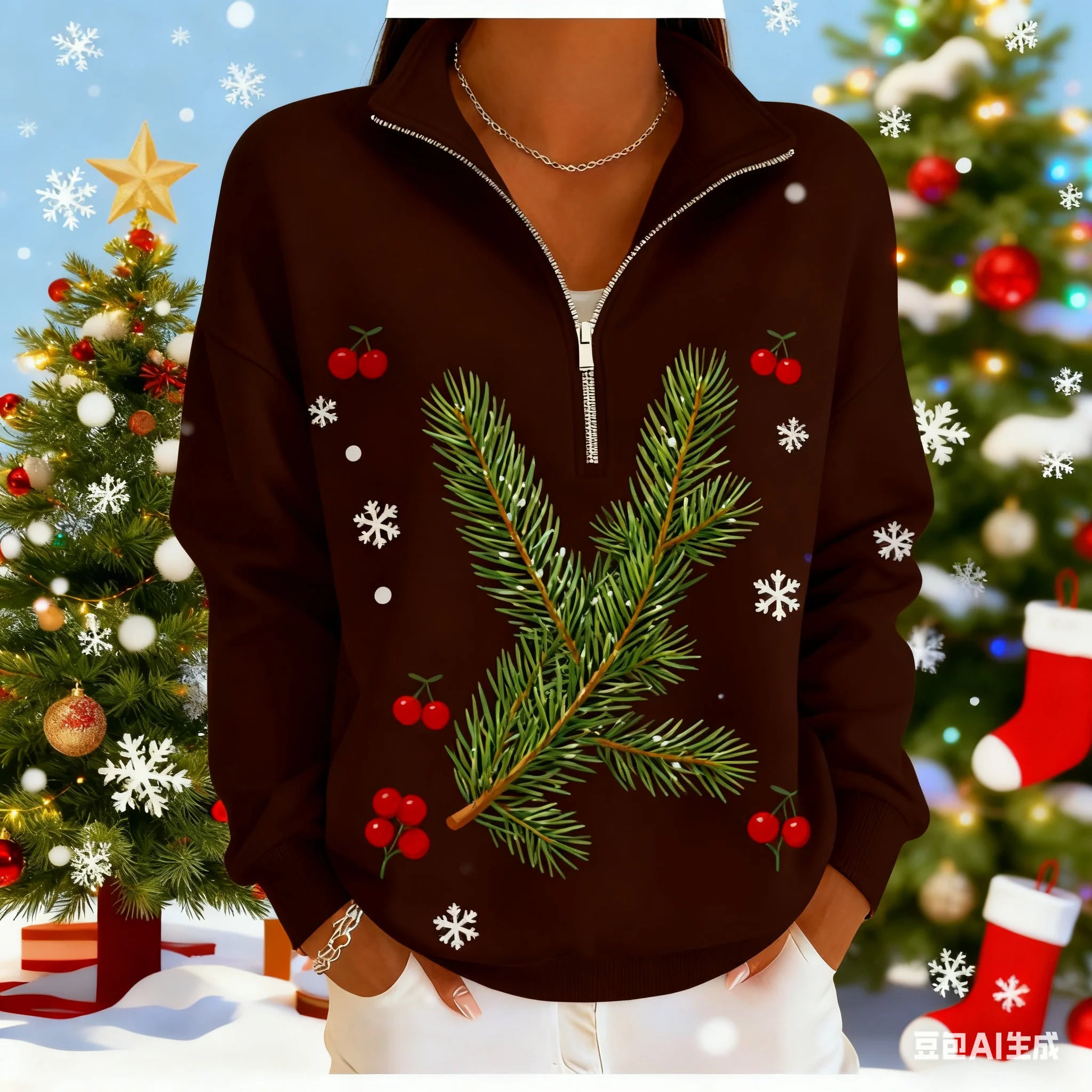 Christmas Women's Sweatshirt pet pattern printed Zipper pullover sweater autumn and winter Women's clothing polyester sweatshirt