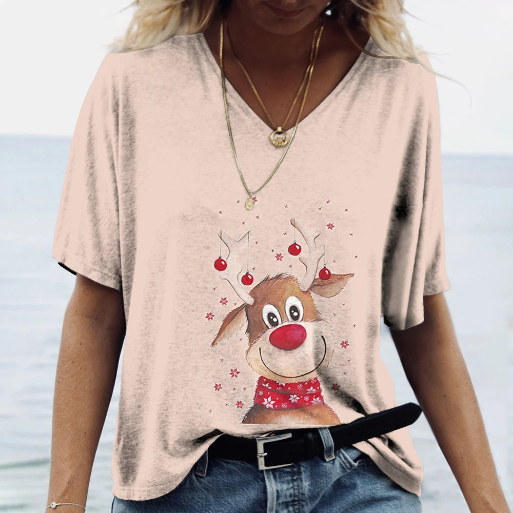 Merry Christmas Women's Short sleeved V-neck T-shirt Christmas Tree Santa Claus Letter Print Simple Trendy Trend Women Clothing
