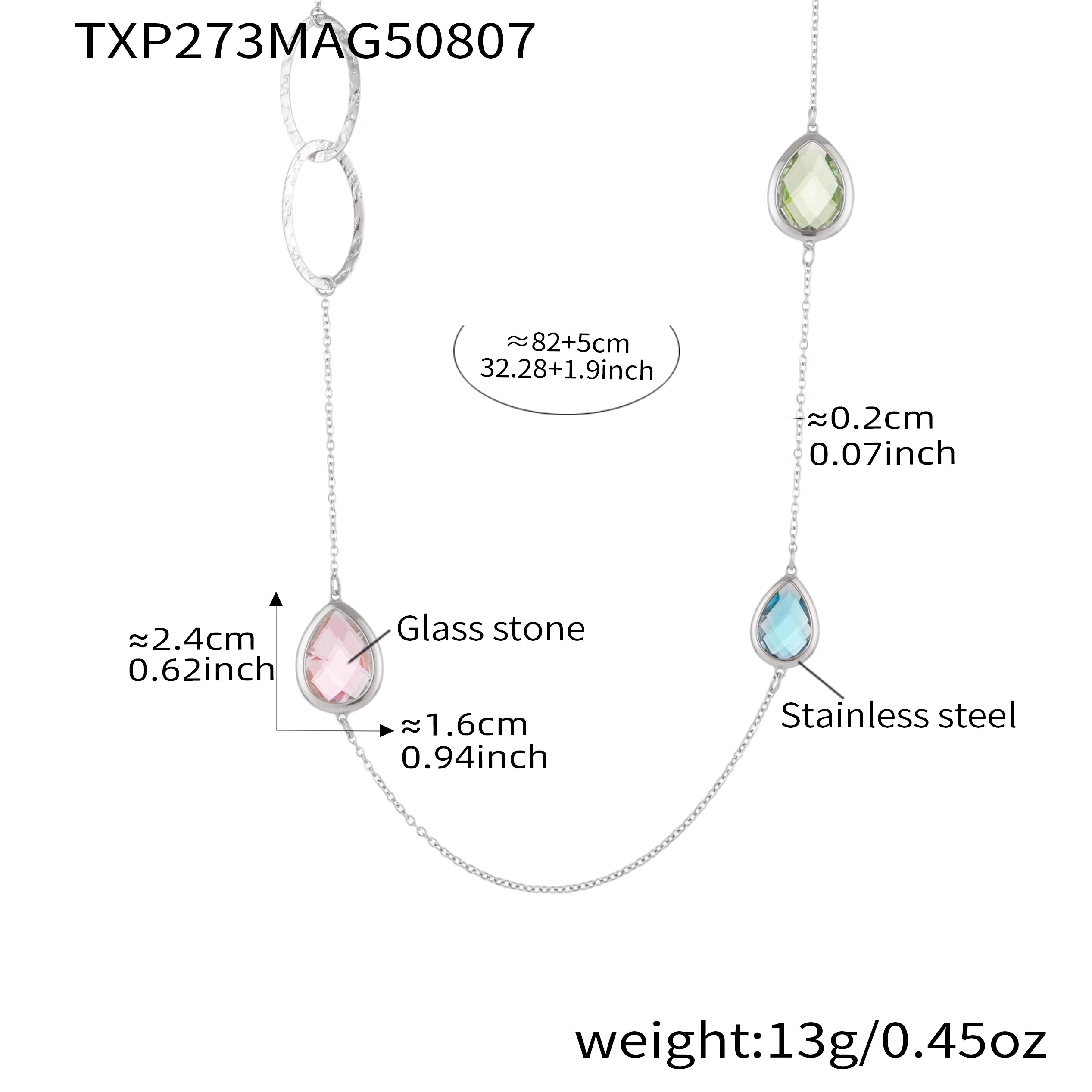 Colorful Glass Water Drop Pendant Necklace for Women's Waterproof Stainless Steel Gold-plated Chain 87cm Long Necklace Jewelry