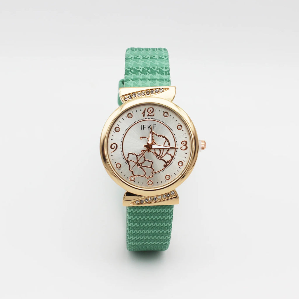Elegant Rhinestone Butterfly Watch for Women Flower Quartz Crystal Dress Watch with Plaid Leather Strap Fashion Ladies Wristwatc