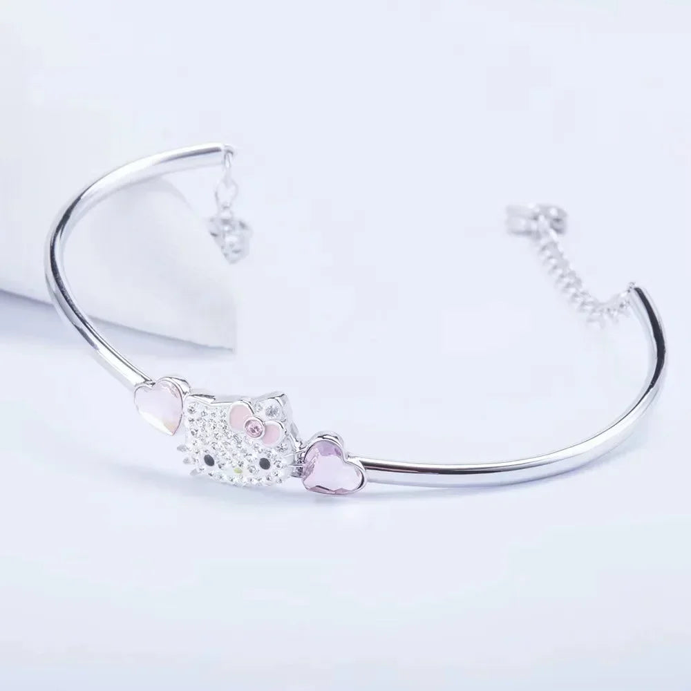 Sanrio Hello Kitty Necklace Anime Character Pink Peach Heart Crystal Cat Push-Pull Bracelet Pendant Couple Decoration Girl Gift