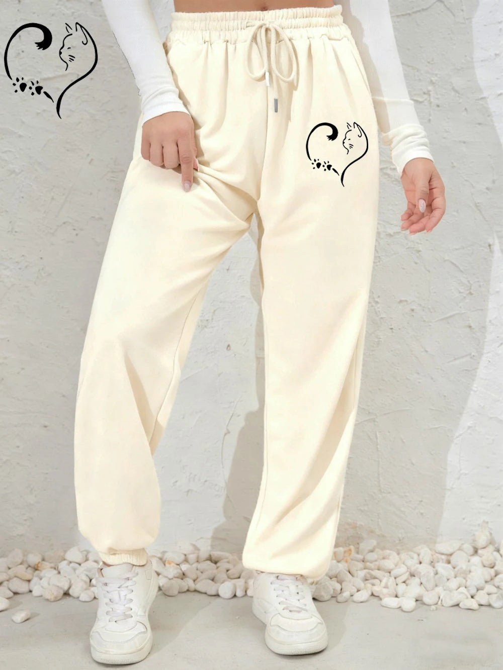 Cat Heart Prints Sweatpants Womens Autumn Winter Jogger Pants Elastic Waist Comfortable Loose Trousers Trend Womans Clothing
