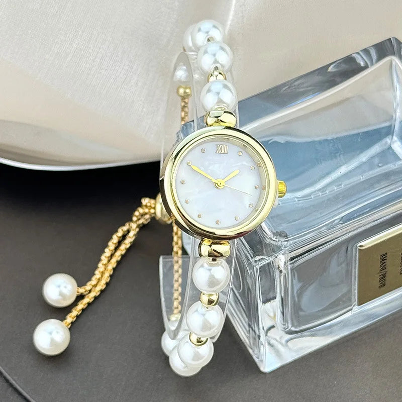 Elegant Pearl Bracelet Women's Quartz Watch Pull-out Adjustable Strap Watch Luxury Small Dial Ladies Wristwatch Gift