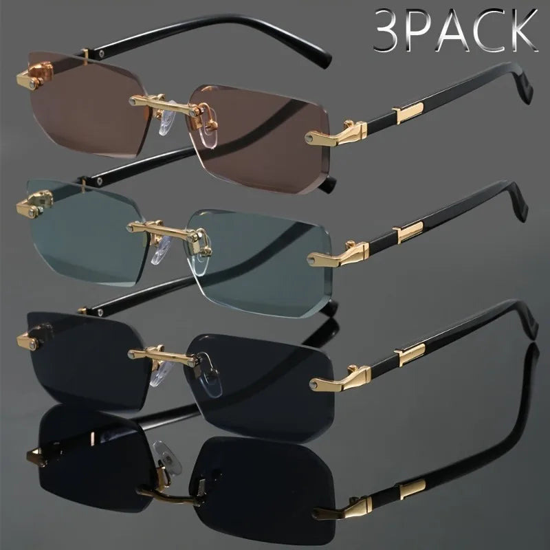 3pcs of men's frameless rectangular fashionable glasses - durable PC lenses suitable for commuting and casual wear