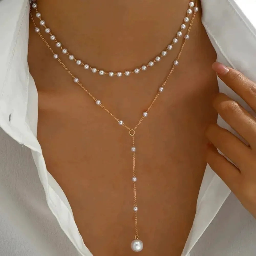 2025 New Korean Imitation Pearl Double Layered Choker Big Ball Bead Pendant Tassel Necklace for Women Sexy Fashion Jewelry Gifts