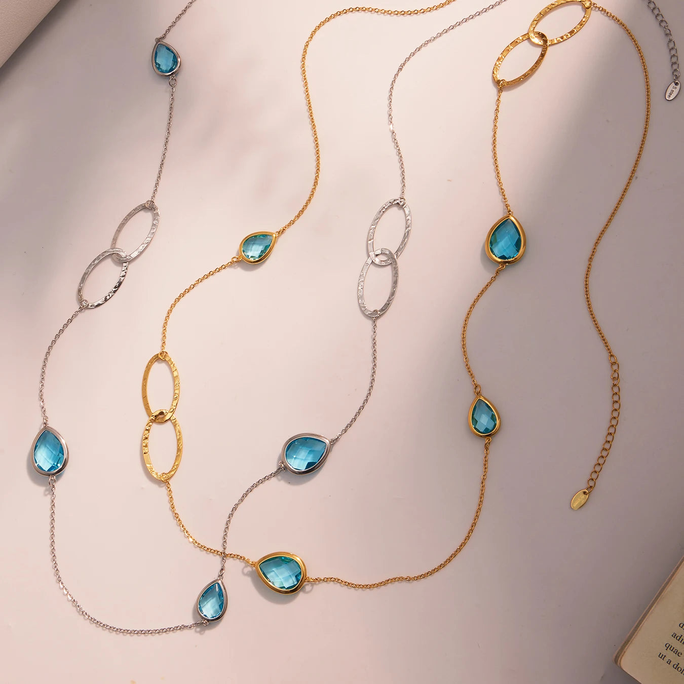 Colorful Glass Water Drop Pendant Necklace for Women's Waterproof Stainless Steel Gold-plated Chain 87cm Long Necklace Jewelry