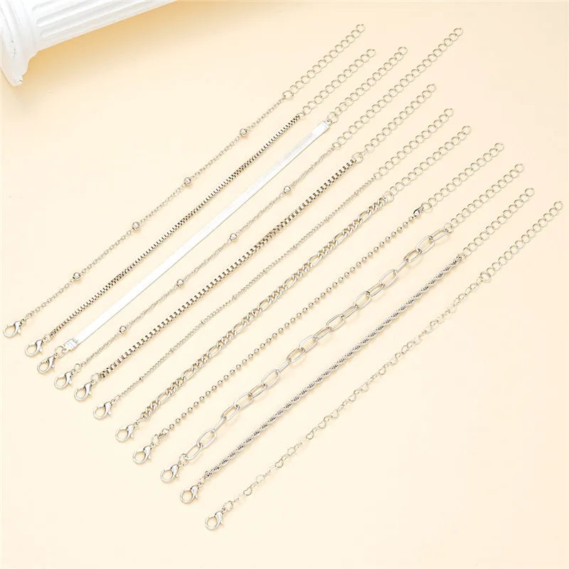 11pcs/set Silver Color Chain Bead Bracelets for Women Simple Elegant Vacation Beach Party Casual Jewelry Versatile Daily Wear