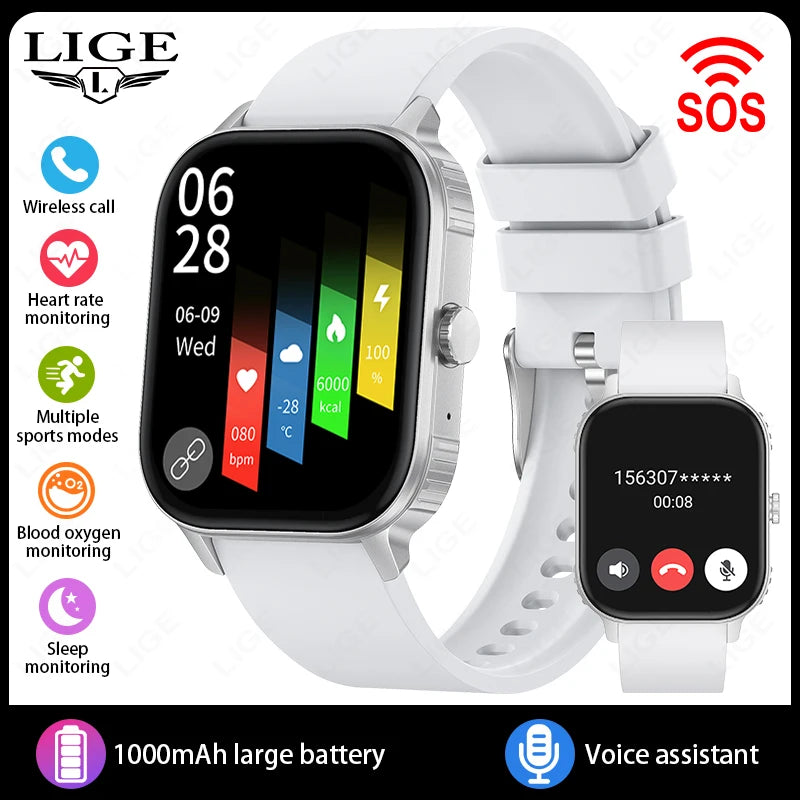 LIGE New 2.04" HD Display Health Monitor Smart Watch 2025 1000mAh Large Battery Bluetooth Call IP68 Waterproof Sports Smartwatch