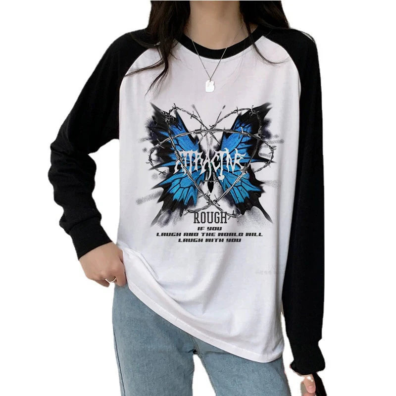Butterfly Tree Print Long Sleeve T-Shirt All Seasons Funny Gothic T Shirt Women's Casual Print Crew Neck Top Tee Tshirt Clothing